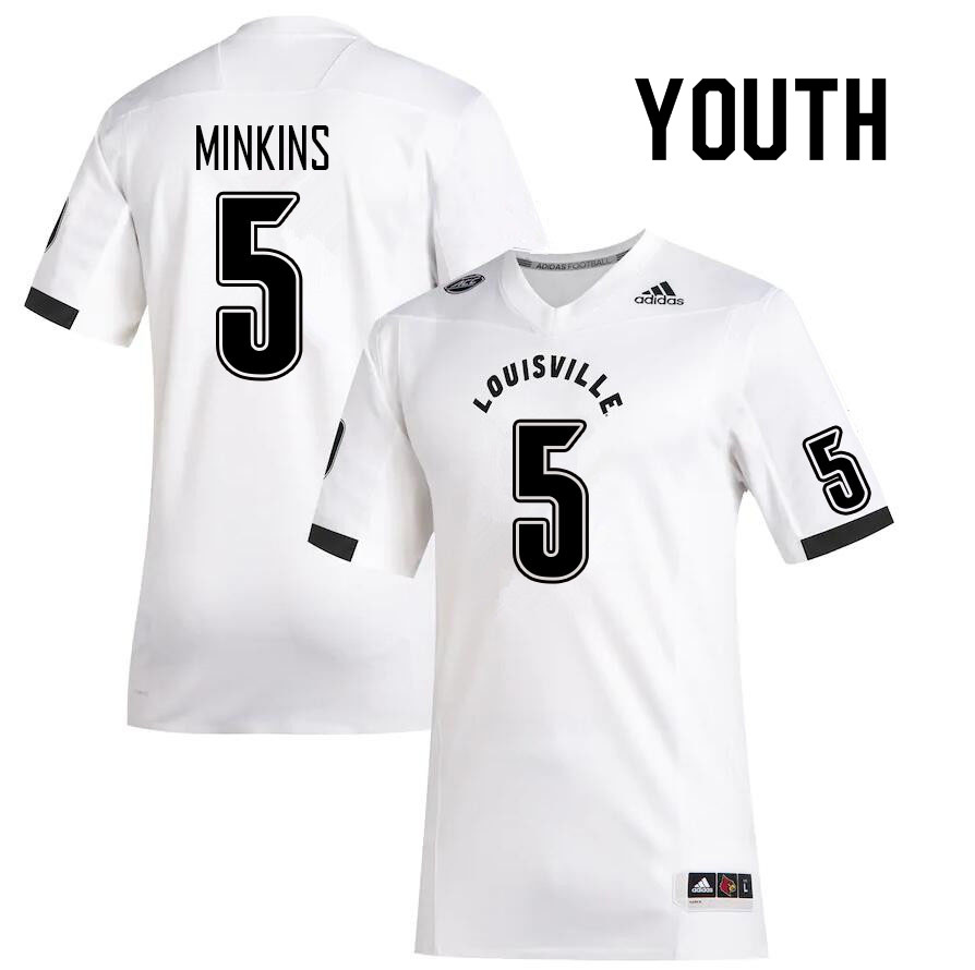 Youth #5 Josh Minkins Louisville Cardinals College Football Jerseys Sale-White